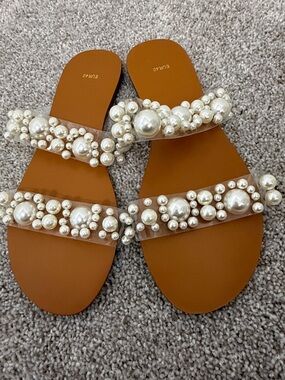 Euro 40 Pearl-Embellished Brown Slide Sandals USA size 10